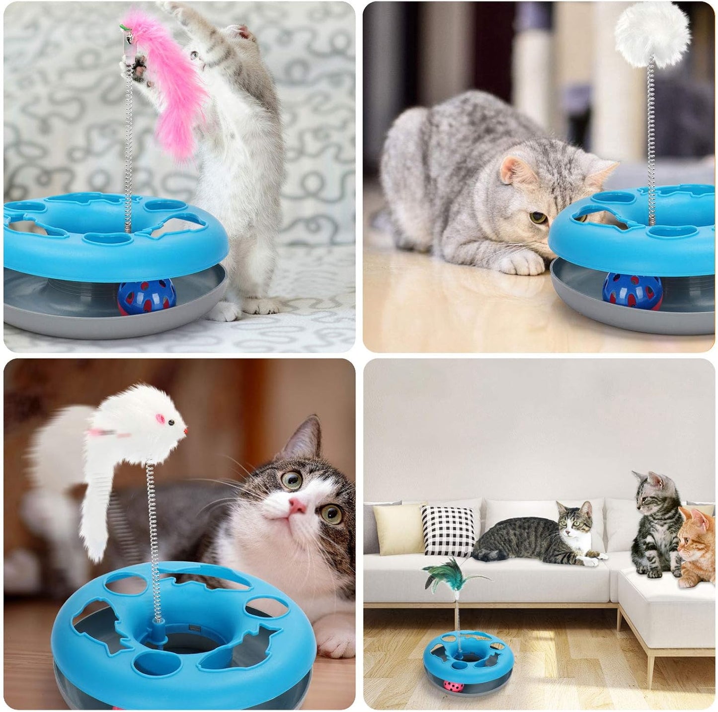 3-in-1 Interactive Cat Toy with Exercise Balls and Teaser Mouse, Includes 5 Removable Spring Replacements - Blue