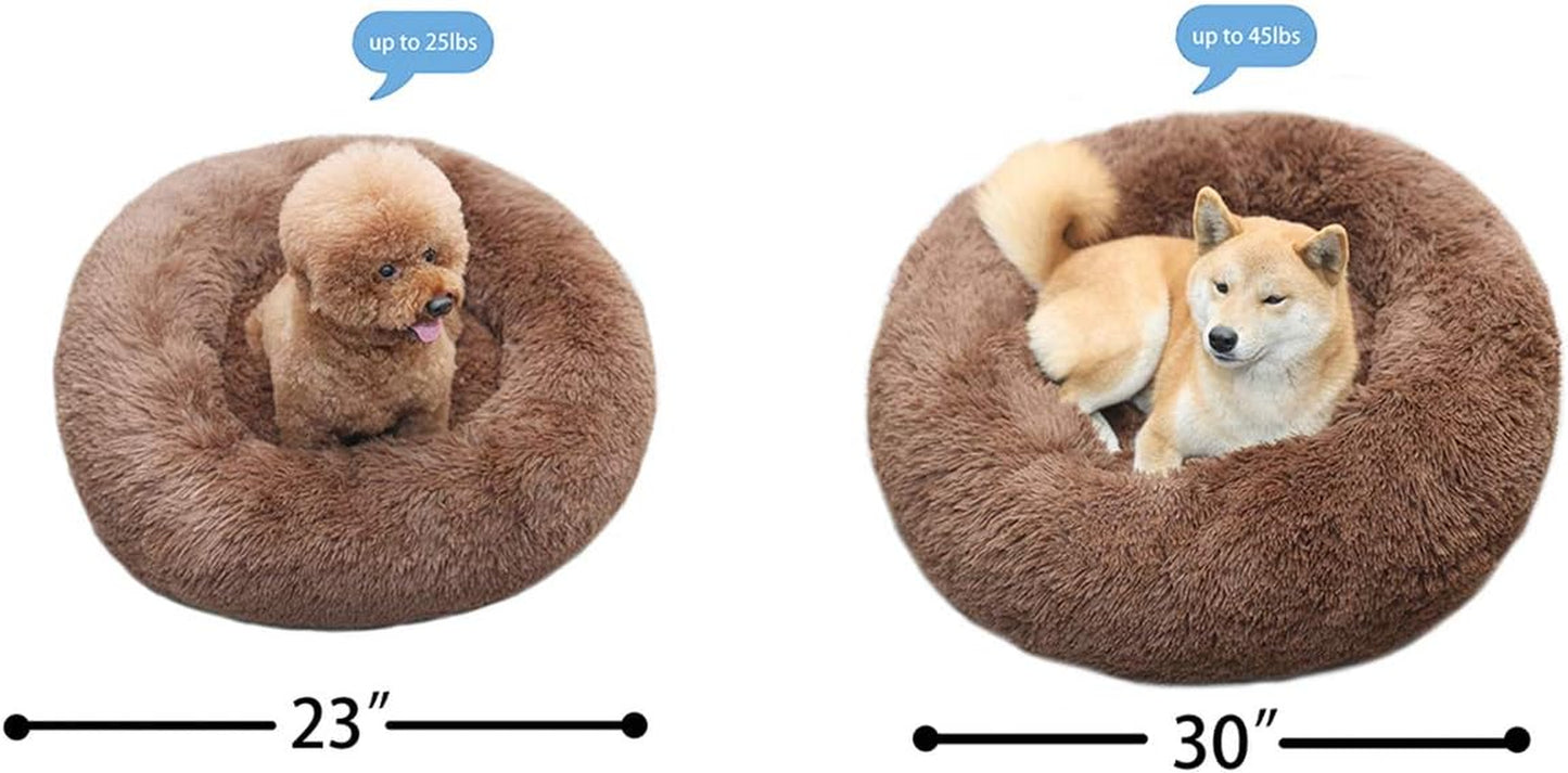 Premium Faux Fur Round Dog and Cat Bed, Calming Anti-Anxiety Cushion, Cozy and Warm, Medium Size, Grey
