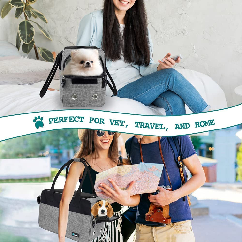 Soft-Sided Airline Approved Dog Purse Carrier for Small Dogs, Ventilated Pet Travel Bag with Pockets, Includes Sherpa Bed, Maximum Weight 12 lbs, Gray