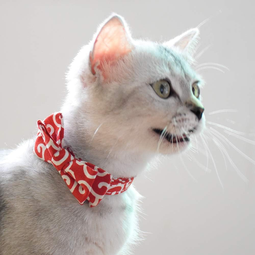 Ninja Style Adjustable Breakaway Cat Collar with Bell & Bow Tie - Red, Perfect for Kittens & Cats (7-11 Inches)