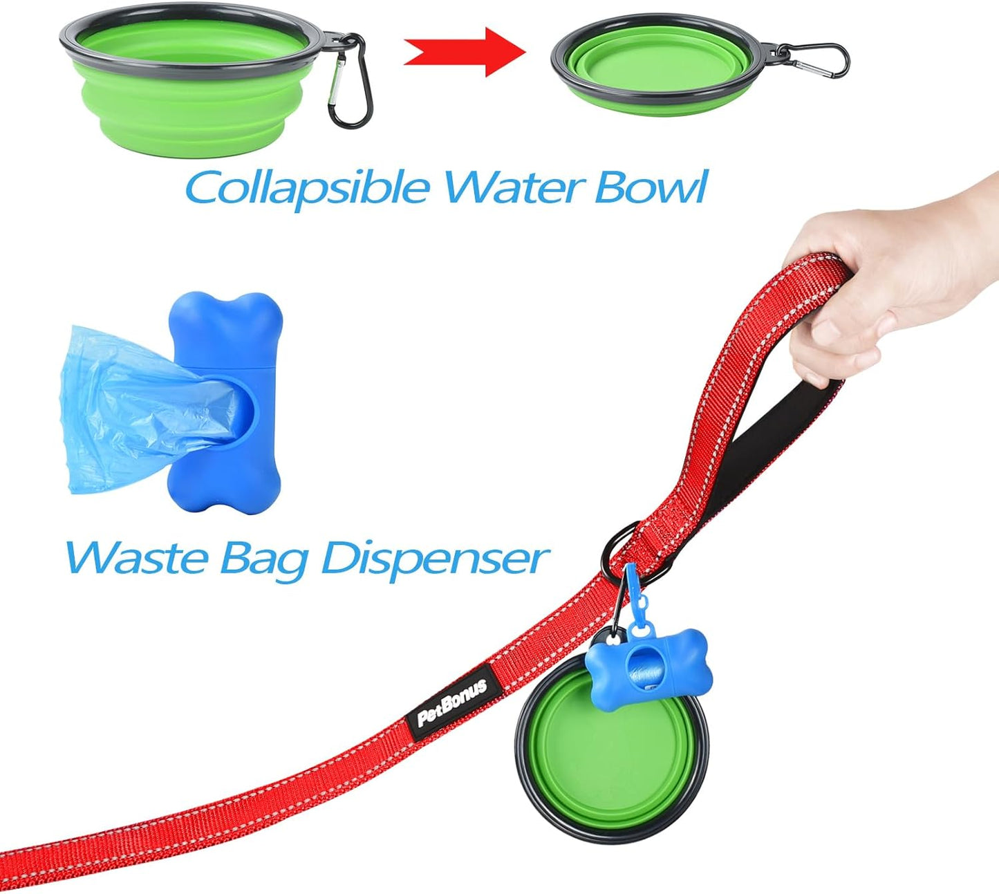 Dual Dog Leash with No-Tangle Design, Reflective Training Lead, Four Padded Handles, Includes Collapsible Bowl and Waste Bags (Red, Large)