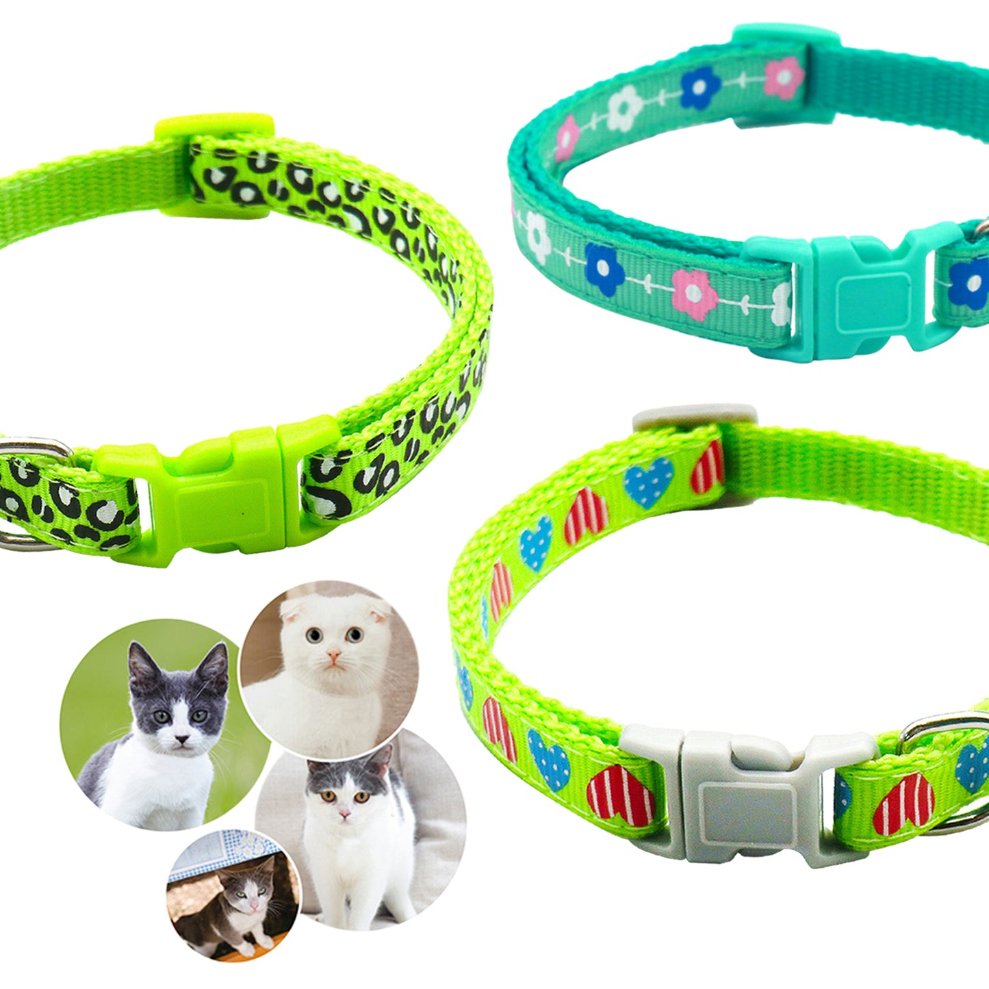 Adjustable 3-Piece Nylon Cat Collar Set with Bell for Kittens and Puppies - Green