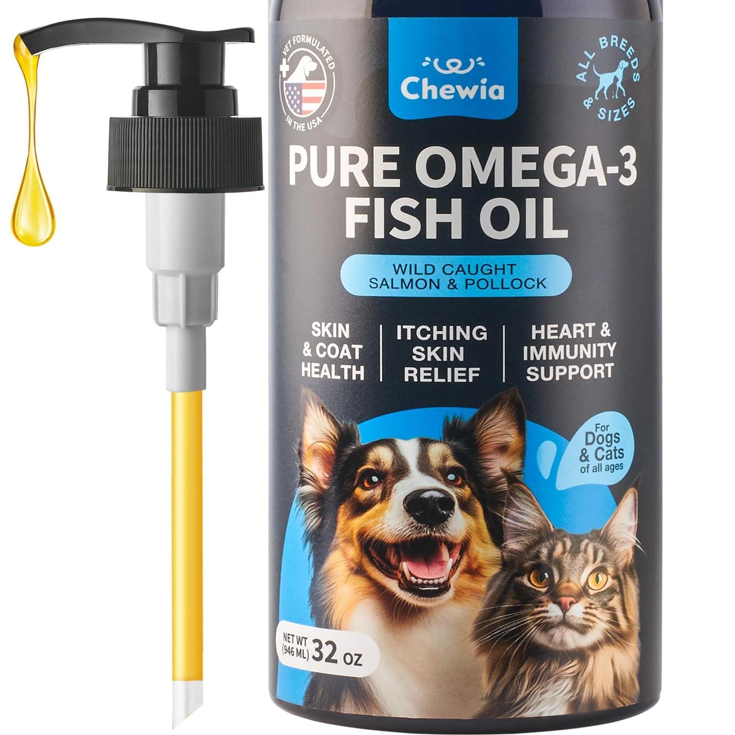 Coat and Skin Supplement for All Dog Breeds - 32 Oz Fish Oil for Optimal Canine Health