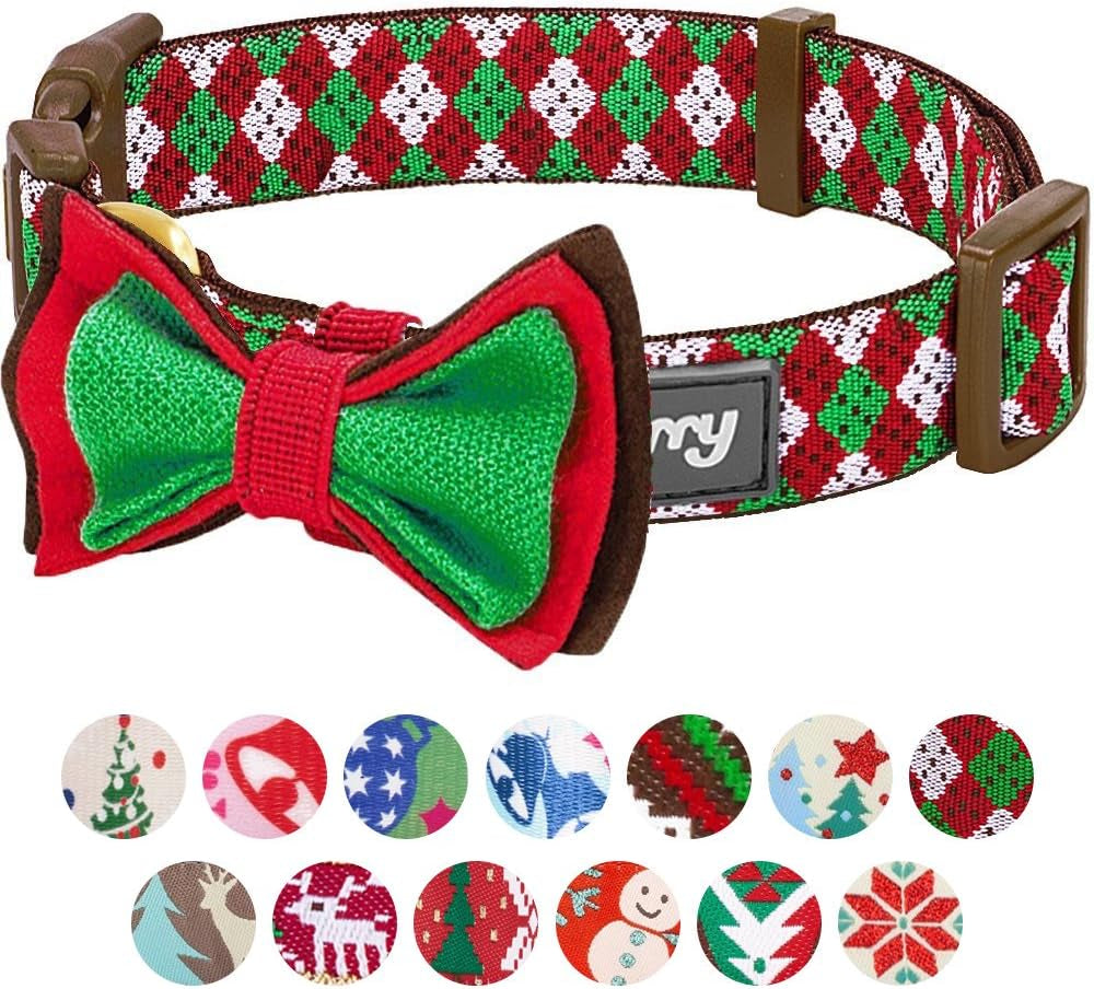Stylish Fair Isle Dog Collar with Detachable Bow Tie - Adjustable for Small Dogs (Neck Size 12"-16")