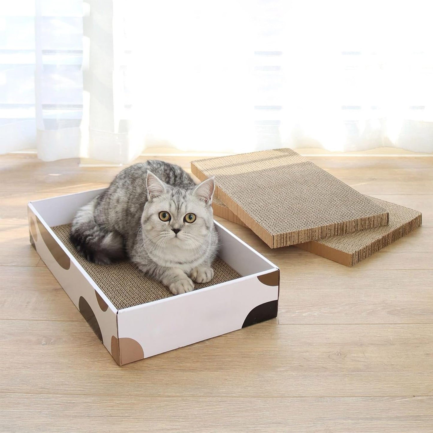 Cat Scratcher Cardboard Indoor - 17"X10" Cat Refill Box with 3 Pcs Scratching Board Reversable Long Lasting Clawing Pad for Cats, Corrugate Scratchers Bed Sofa Couch Furniture Wall Protector