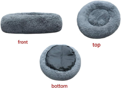Premium Faux Fur Round Dog and Cat Bed, Calming Anti-Anxiety Cushion, Cozy and Warm, Medium Size, Grey