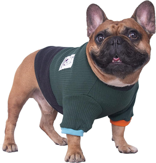 Stylish Color Block Crewneck Sweater for Dogs - Cozy Winter Pullover for French Bulldogs, Pugs & Puppies in Green & Black, Size Small