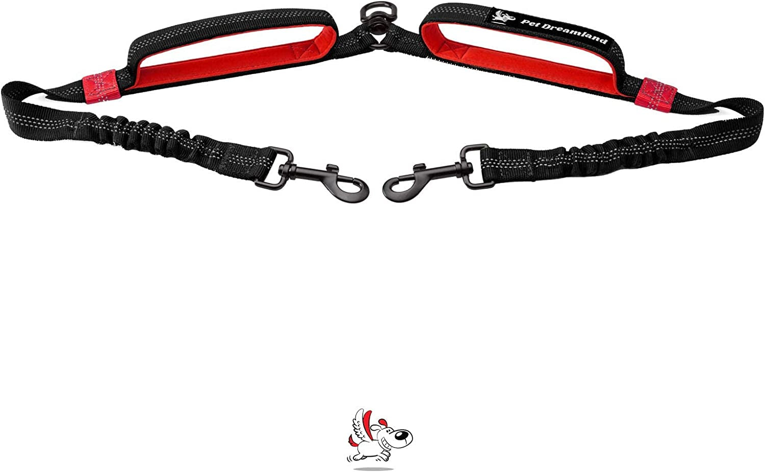 Premium Dual Dog Leash Coupler with No-Tangle Swivel for Walking Two Medium Dogs - Black & Red