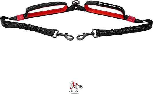 Premium Dual Dog Leash Coupler with No-Tangle Swivel for Walking Two Medium Dogs - Black & Red