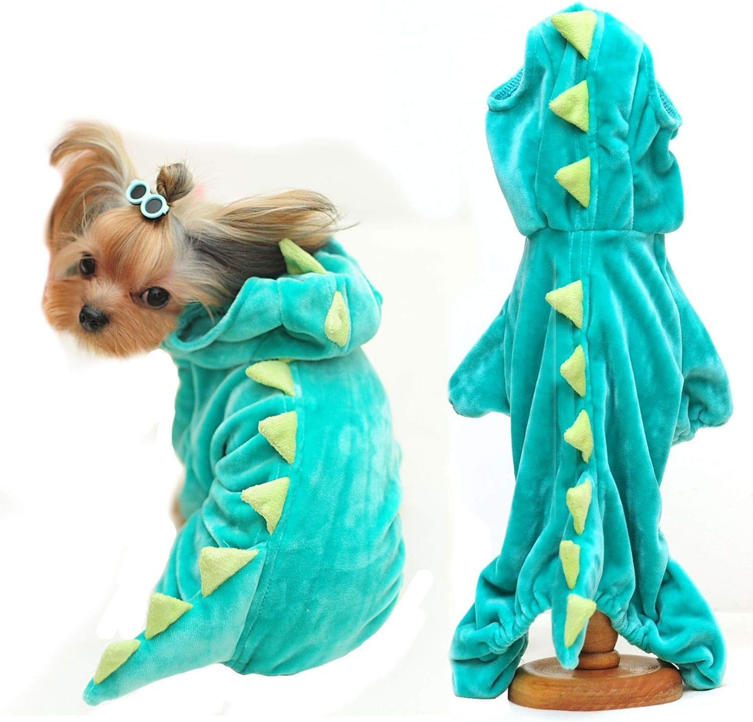 Dinosaur Plush Hoodie for Pets - Warm Fleece Jacket for Small to Medium Dogs and Cats - Halloween Cosplay Apparel (Medium, Green)