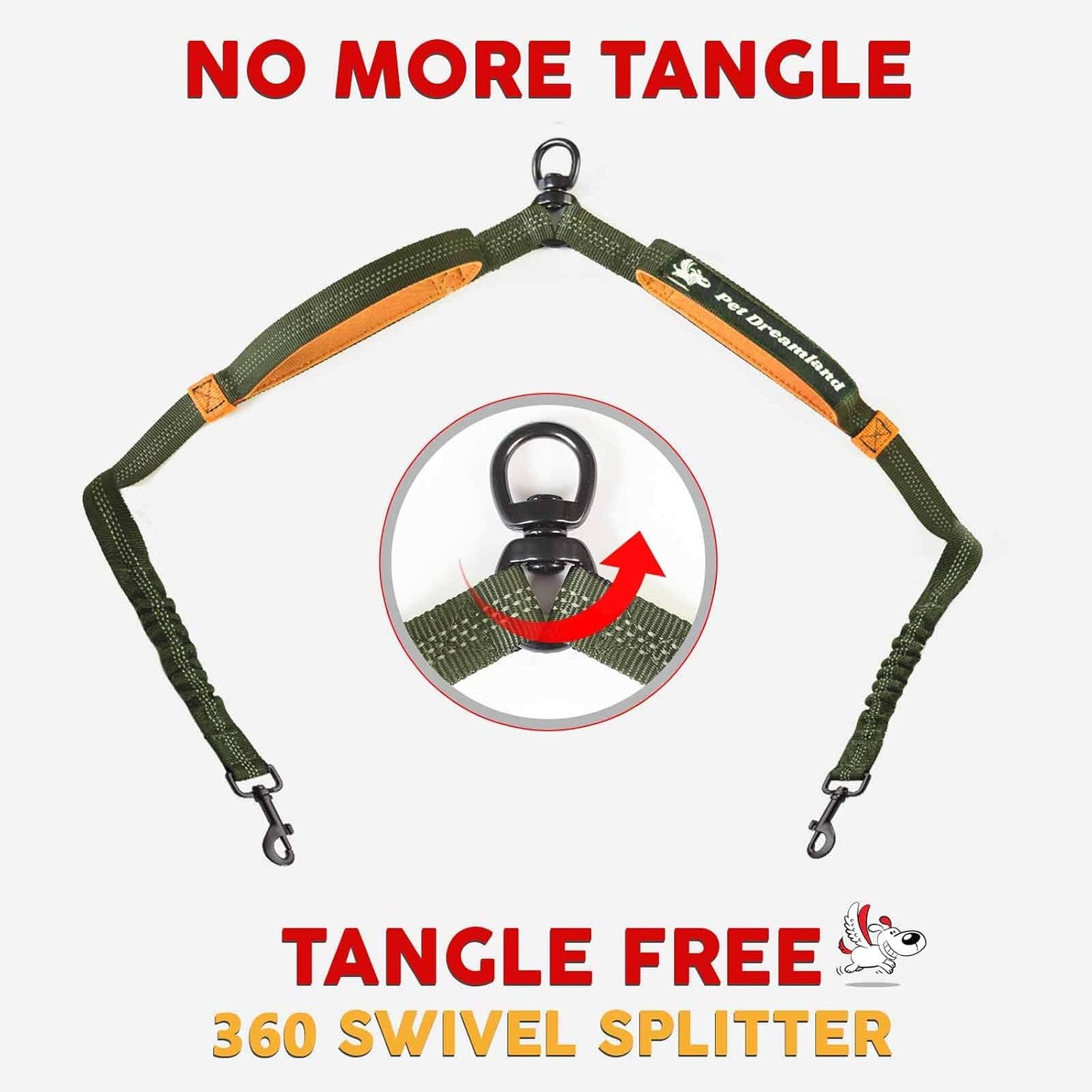 Premium Double Dog Leash Coupler with Tangle-Free Swivel - Versatile Attachment for Walking Two Dogs (Khaki & Orange)