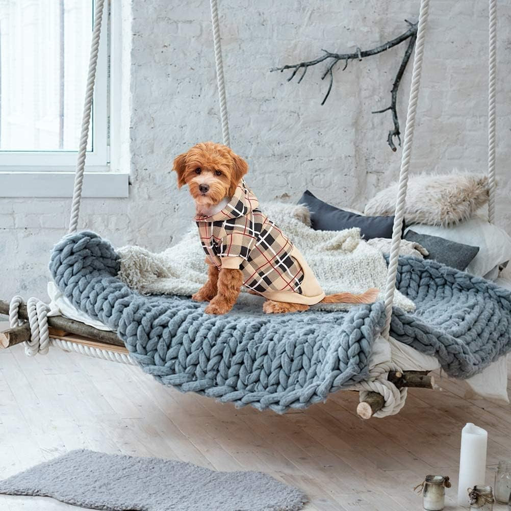 British Style Plaid Dog Hoodie - Warm Sweater with Leash Hole for All Breeds, Winter Coat Apparel for Puppies and Cats, Beige Medium