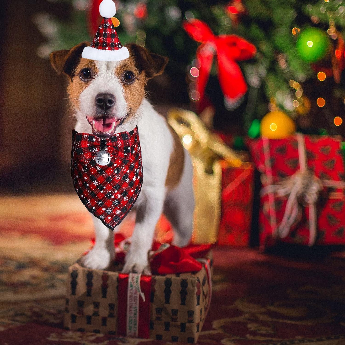 Christmas Snowflake Dog Bandana Costume Set with Plaid Scarf, Bow Tie, and Bell Decoration for Pets