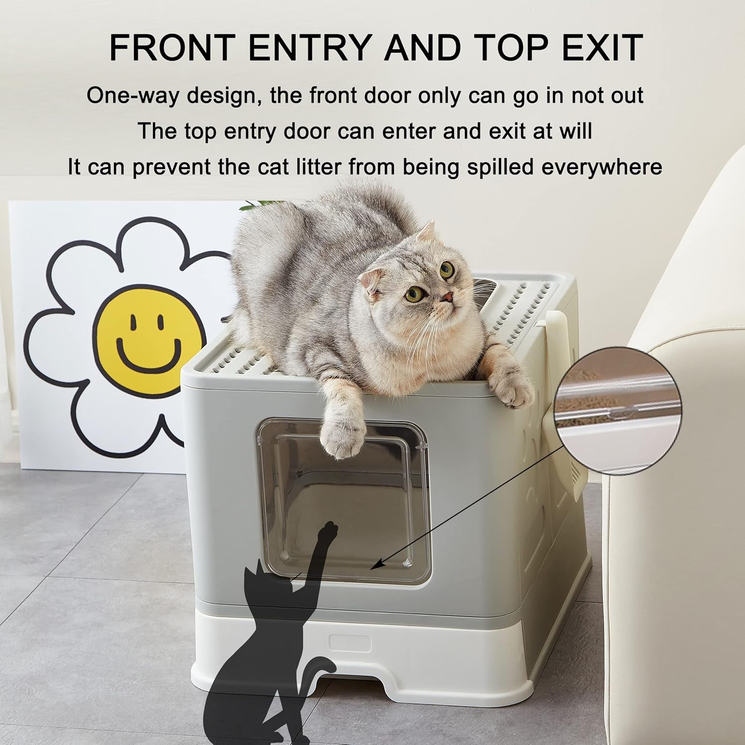 Foldable Cat Litter Box with Lid, Large Top Entry Anti-Splashing with Cat Litter Scoop, Enclosed Plastic Kitty Litter Box with Drawer Type Easy Clean Cat Litter Pan-Gray