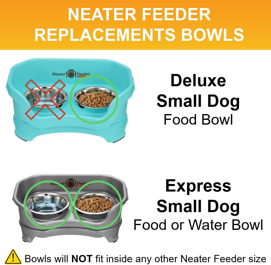 Set of 2 Stainless Steel Dog Bowls (1.5 Cup / 12 Oz.) - Neater Feeder Replacement Bowls for Cats and Small Dogs, Dishwasher Safe Metal Dishes for Food and Water