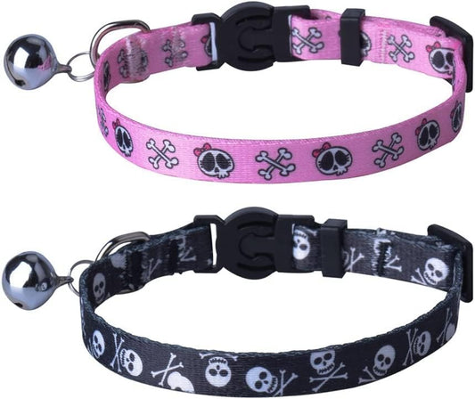 Adjustable Breakaway Cat Collars with Bell Charm - 2 Pack in Pink & Black Skull Pattern, Fits 7.8-11.8 Inches