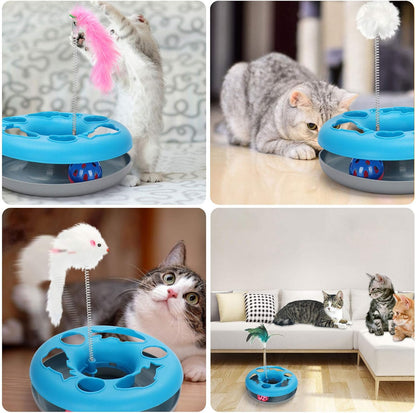 3-in-1 Interactive Cat Toy with Exercise Balls and Teaser Mouse, Includes 5 Removable Spring Replacements - Blue