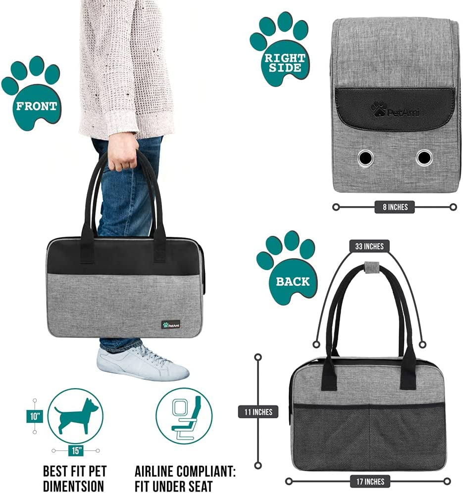 Soft-Sided Airline Approved Dog Purse Carrier for Small Dogs, Ventilated Pet Travel Bag with Pockets, Includes Sherpa Bed, Maximum Weight 12 lbs, Gray