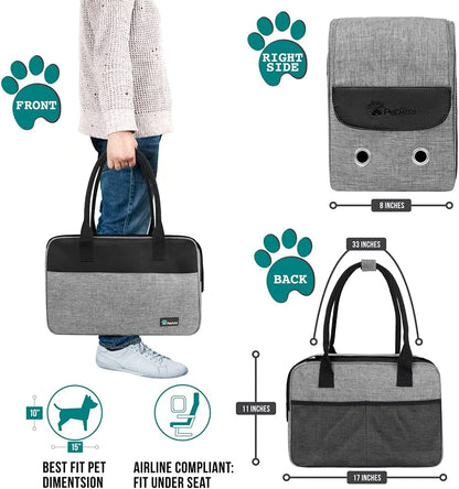 Soft-Sided Airline Approved Dog Purse Carrier for Small Dogs, Ventilated Pet Travel Bag with Pockets, Includes Sherpa Bed, Maximum Weight 12 lbs, Gray