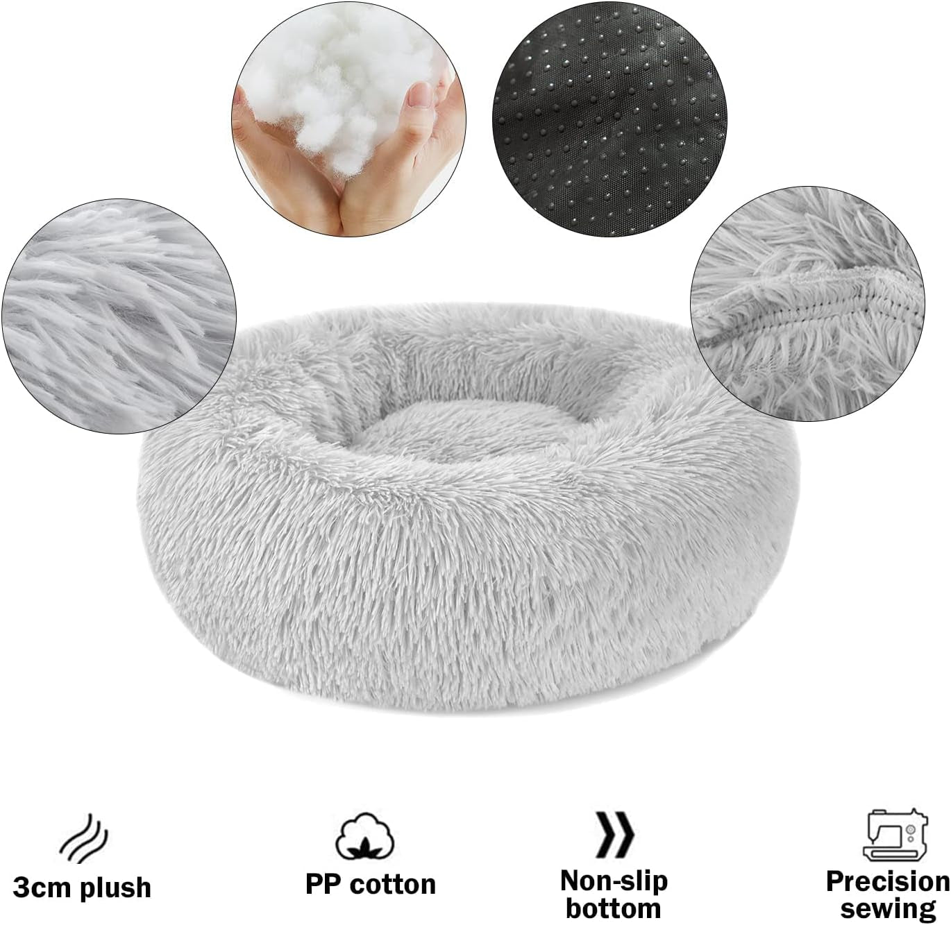 Plush Donut Pet Bed Mat for Small Dogs and Cats, 19.7'', Calming Cuddler with Waterproof Base, Machine Washable, Non-Slip, Supports Up to 22 lbs