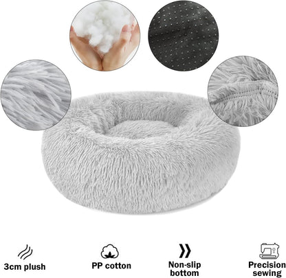Plush Donut Pet Bed Mat for Small Dogs and Cats, 19.7'', Calming Cuddler with Waterproof Base, Machine Washable, Non-Slip, Supports Up to 22 lbs