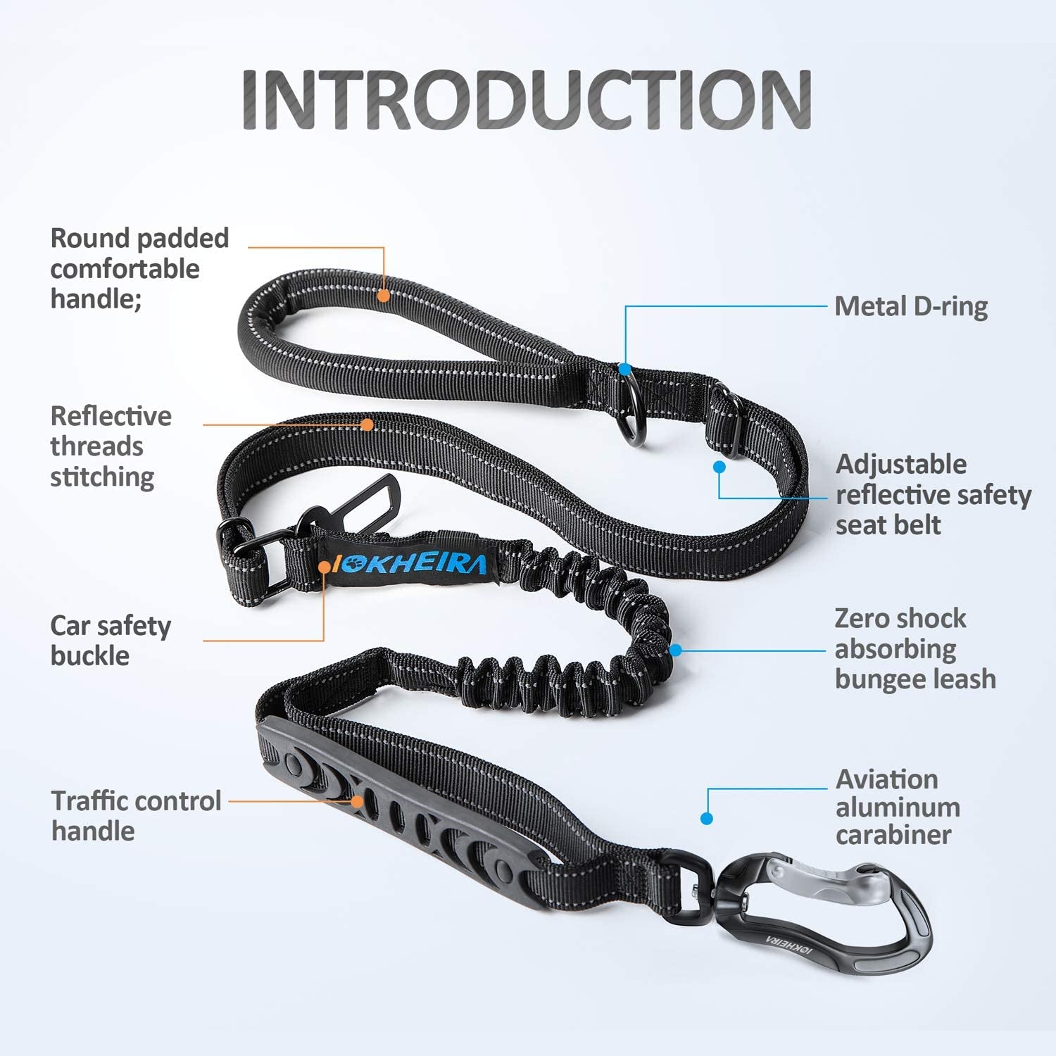 Adjustable Multifunctional Bungee Leash with Car Seatbelt for Large and Medium Dogs, 4-6 FT