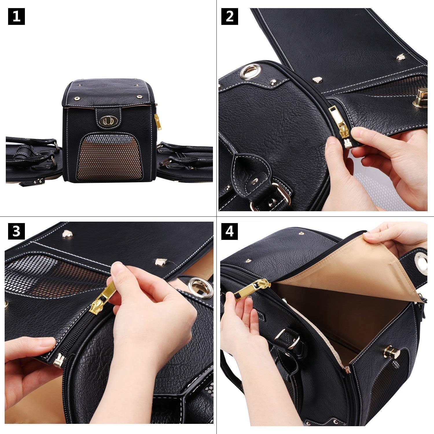 Premium PU Leather Dog Carrier Purse - Foldable Waterproof Pet Travel Bag for Cats and Small Dogs, Ideal for Home and Outdoor Use, Black