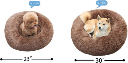 Premium Faux Fur Round Dog and Cat Bed, Calming Anti-Anxiety Cushion, Cozy and Warm, Medium Size, Grey