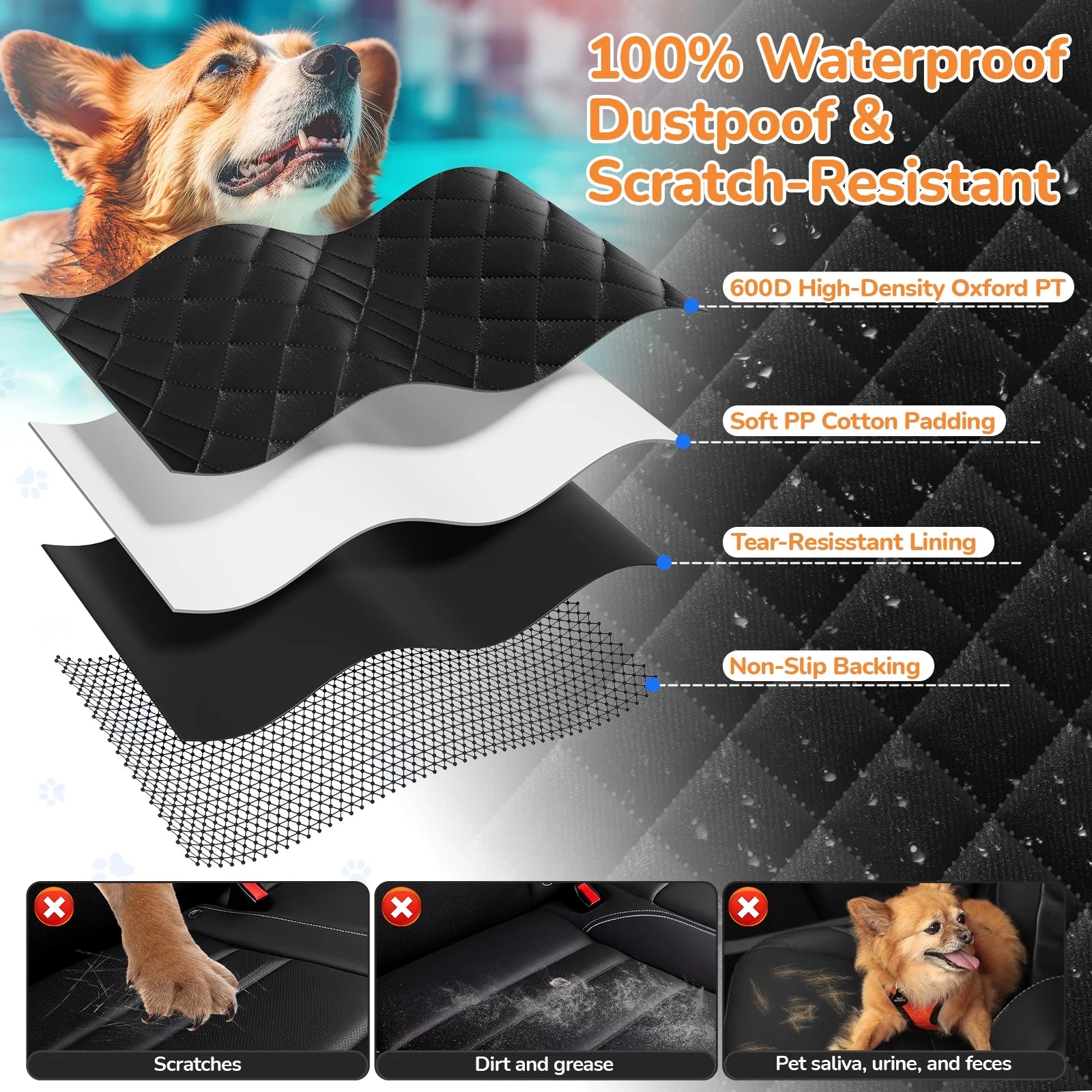 Non-Slip Waterproof Dog Car Hammock with Seatbelt - Scratch-Resistant Back Seat Protector
