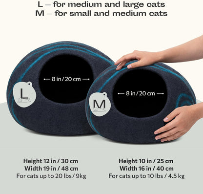 Cat Cave – Premium Felt Cat Bed for Indoor Cats, Handmade Merino Wool (Black Aqua, Large)