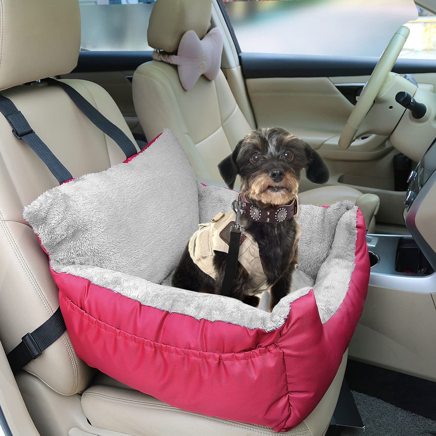 Premium Dog Car Seat for Small Breeds - Cozy, Washable Bed with Storage Pocket and Safety Leash - Portable Travel Booster Carrier