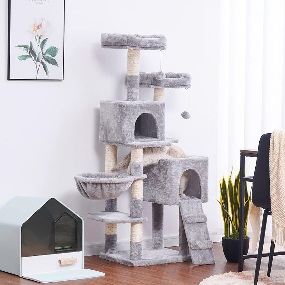 58-Inch Multi-Level Cat Tree with Sisal Scratching Posts, Two Plush Condos, and Hammock for Cats and Kittens - Light Gray MPJ013W