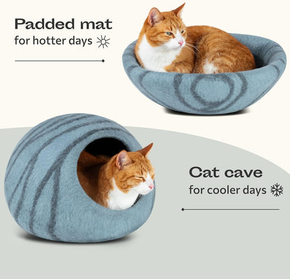 Premium Handmade Merino Wool Cat Cave - Aquamarine Medium Felt Bed for Indoor Cats