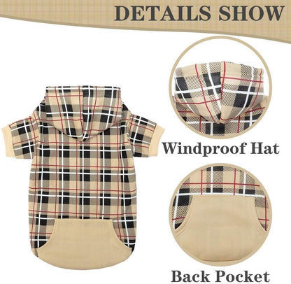 British Style Plaid Dog Hoodie - Warm Sweater with Leash Hole for All Breeds, Winter Coat Apparel for Puppies and Cats, Beige Medium