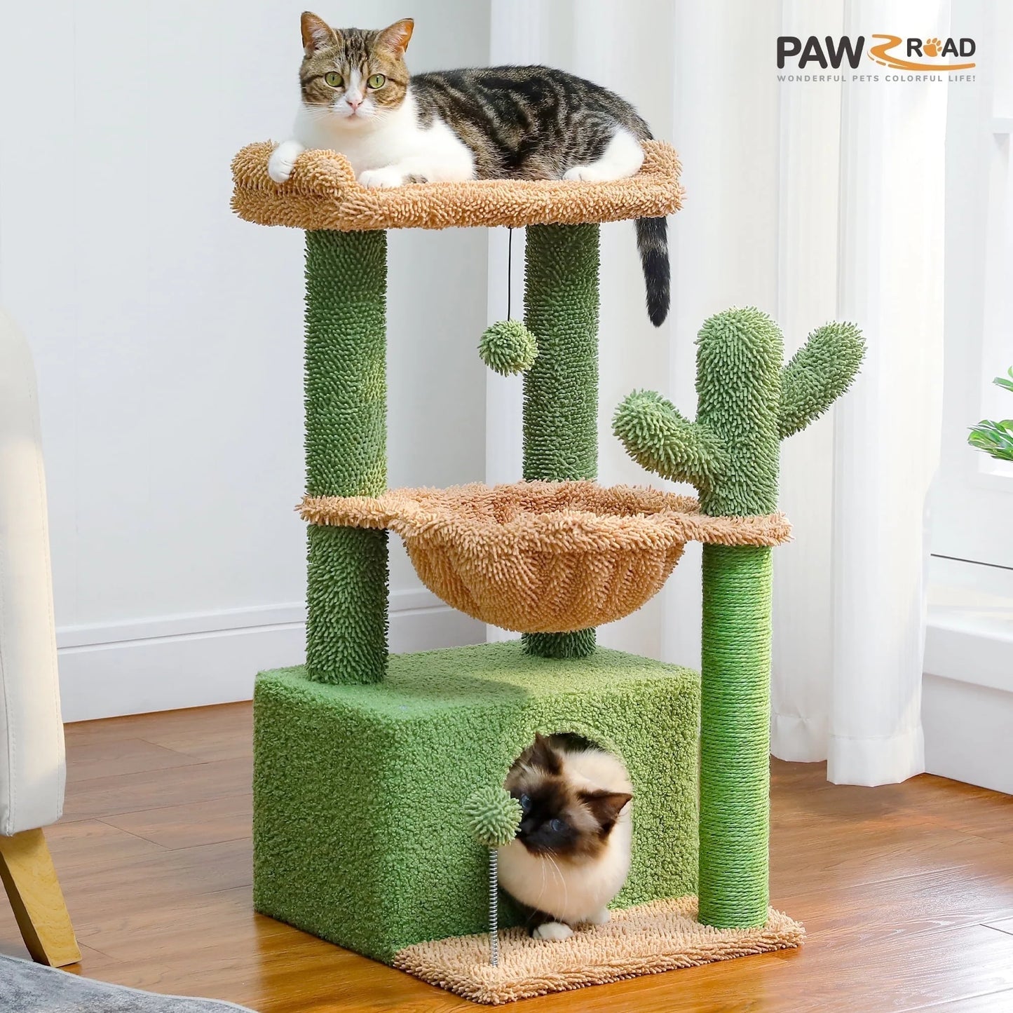 33" Cactus-Inspired Cat Tree with Scratching Posts, Spacious Top Perch, and Hammock for Medium Indoor Cats - Green