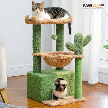 33" Cactus-Inspired Cat Tree with Scratching Posts, Spacious Top Perch, and Hammock for Medium Indoor Cats - Green