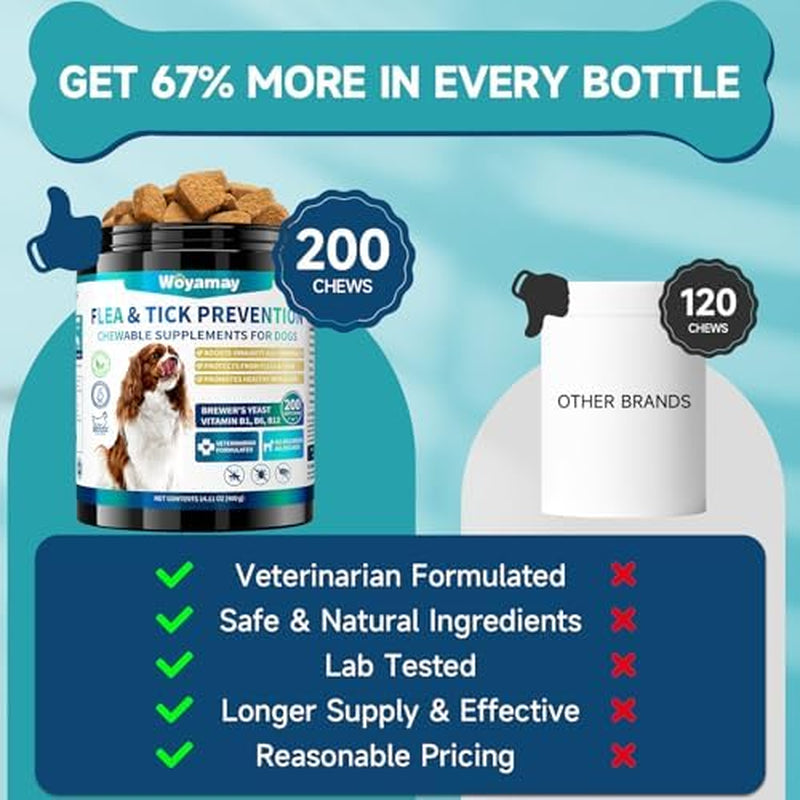 Flea and Tick Prevention Chewables for Dogs - 200 Soft Treats, Natural Oral Supplement for All Breeds and Sizes