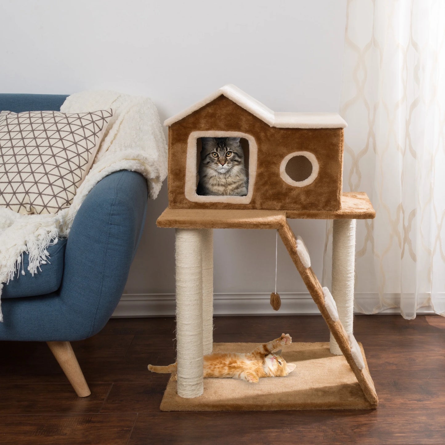 35-Inch Cat Tree with Ladder, House, Scratching Posts, and Toy - Brown