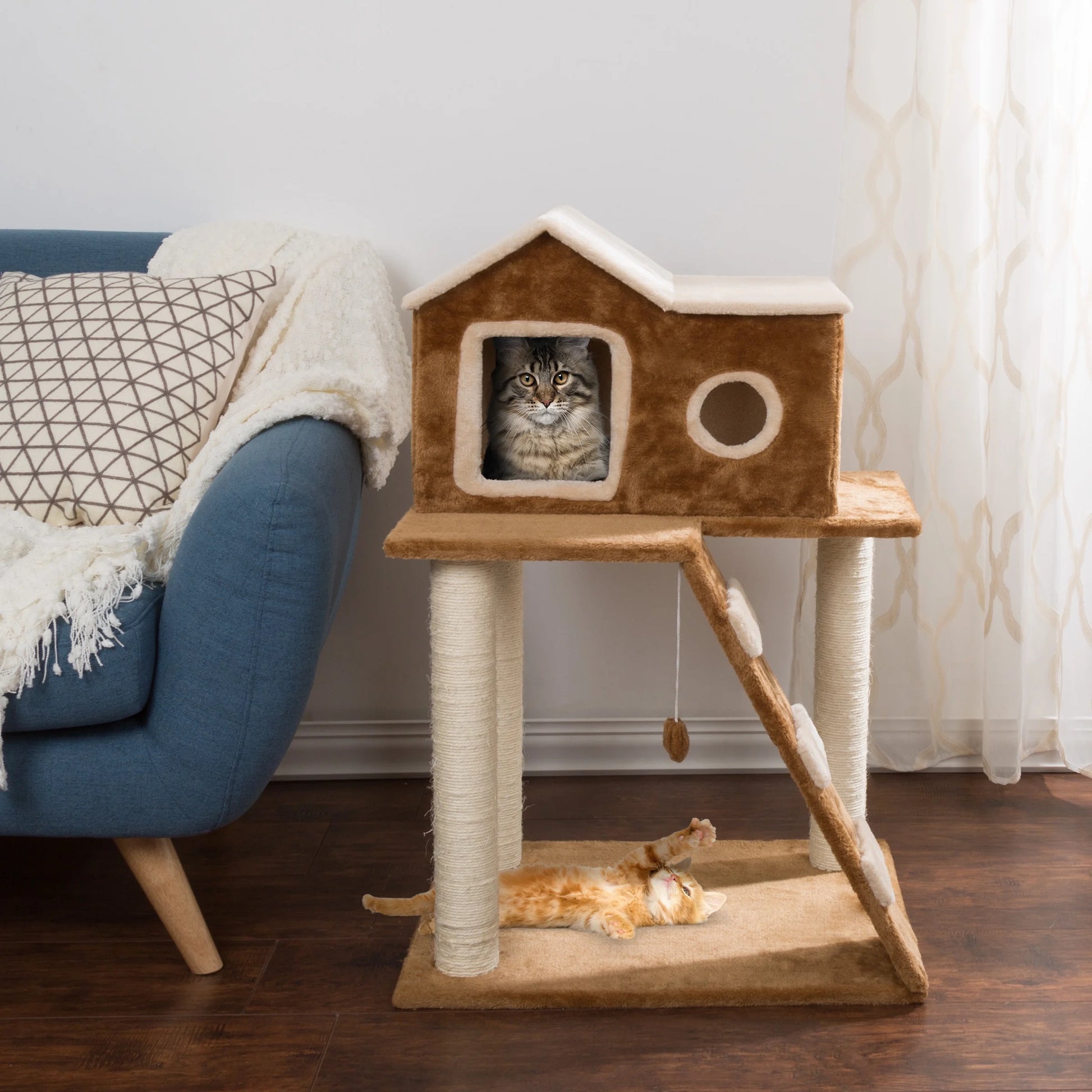 35-Inch Cat Tree with Ladder, House, Scratching Posts, and Toy - Brown