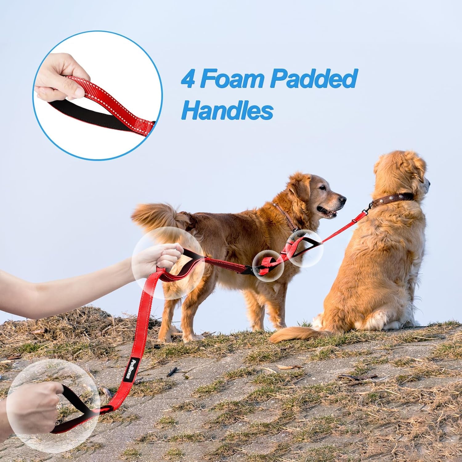 Dual Dog Leash with No-Tangle Design, Reflective Training Lead, Four Padded Handles, Includes Collapsible Bowl and Waste Bags (Red, Large)