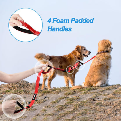 Dual Dog Leash with No-Tangle Design, Reflective Training Lead, Four Padded Handles, Includes Collapsible Bowl and Waste Bags (Red, Large)