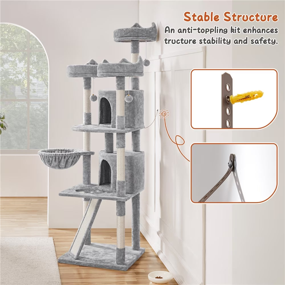 Spacious 76-Inch Light Gray Multilevel Cat Tree Tower with Cozy Condos and Perches