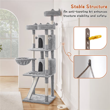 Spacious 76-Inch Light Gray Multilevel Cat Tree Tower with Cozy Condos and Perches