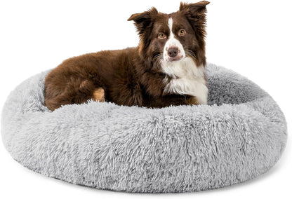 Calming Round Donut Bed for Small and Medium Dogs and Cats, 30-Inch Washable Faux Fur Anti-Anxiety Cuddler with Non-Slip Base - Light Gray