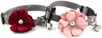 Geranium Flower Bow Tie Collar for Cats and Dogs - Adjustable Handmade Nylon Necklace with Pearl Bell for Chihuahuas and Yorkies (Red, Size XS)