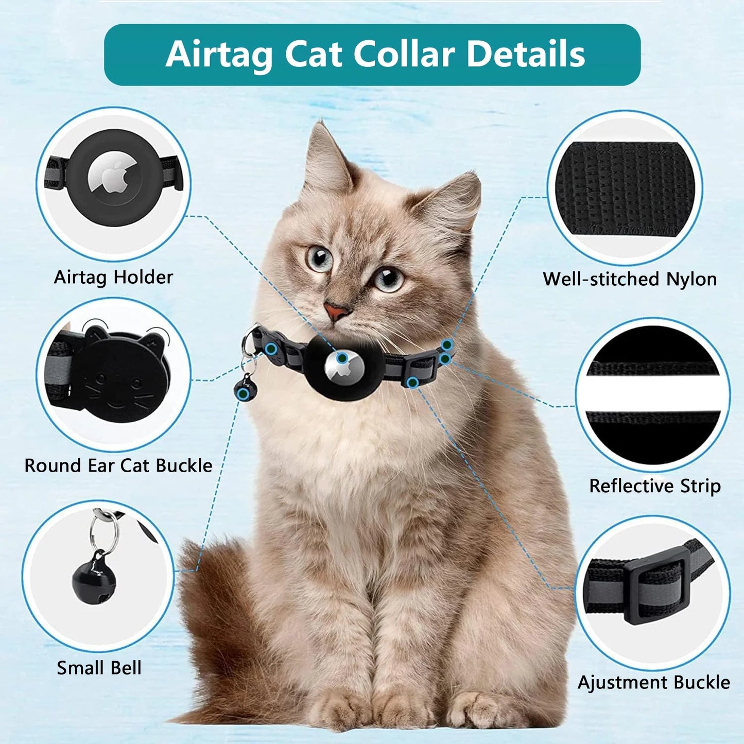 Breakaway Airtag Cat Collar - 2 Pack, Reflective Kitten Strap with Airtag Case and Bell for Cats, Kittens, and Extra Small Dogs, Black