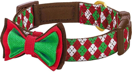 Stylish Fair Isle Dog Collar with Detachable Bow Tie - Adjustable for Small Dogs (Neck Size 12"-16")