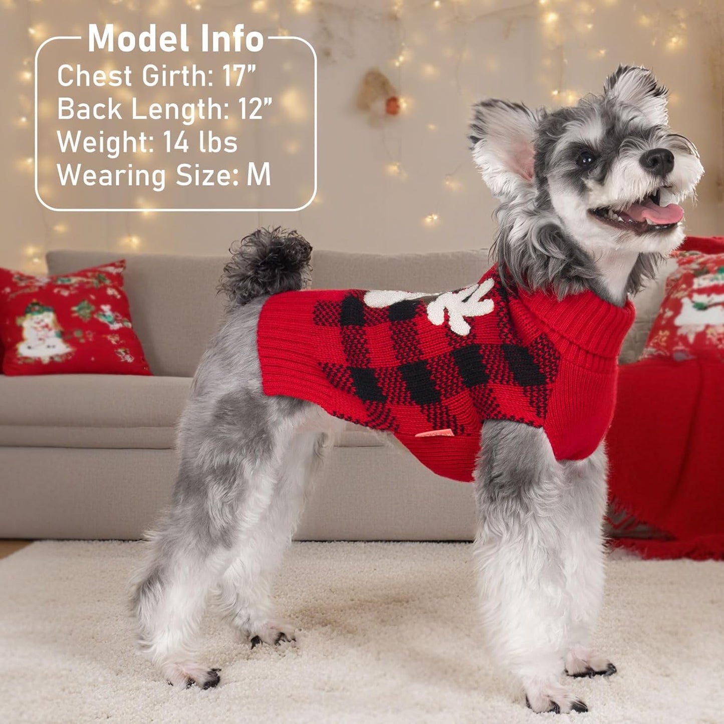 Cozy Red Buffalo Plaid Dog Christmas Sweater with Reindeer Pattern - Turtleneck Knitwear for Small Dogs with Leash Hole