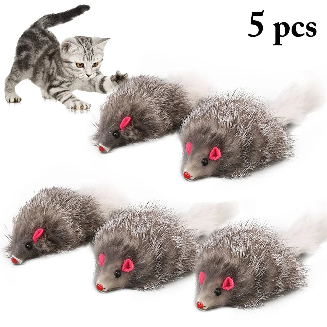 5-Pack Interactive Plush Cat and Kitten Chew Toys - Furry Mice Design