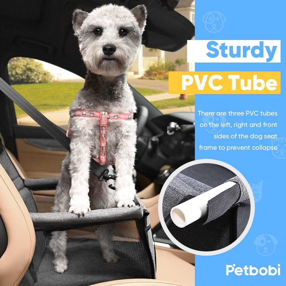 Pet Reinforced Car Booster Seat for Dogs - Portable and Breathable Safety Seat with Seat Belt and Clip-on Leash (Cationic Fabric Grey)
